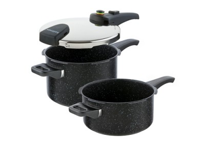 Zwiększyc obrazek KOLIMAX Komplet garnków ciśnieniowych BIOMAX z BIO zaworem, średnica 22cm, objętość 5.5l + 4.0l, BLACK GRANITEC